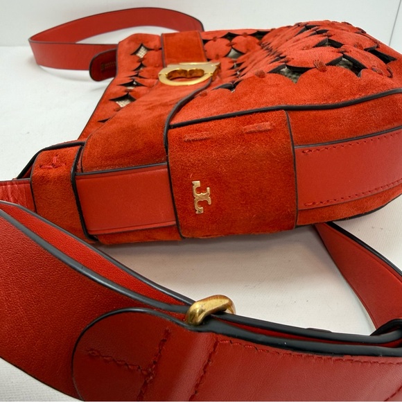 Rare Tory Burch Gemini Link Suede Shoulder Bag Red Gold Hardware – Showstopper - Picture 3 of 17